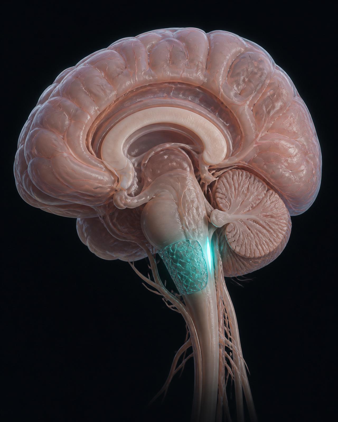 Anatomical render of the human brain and brainstem with MYELIN mesh placed at the dorsal brainstem
